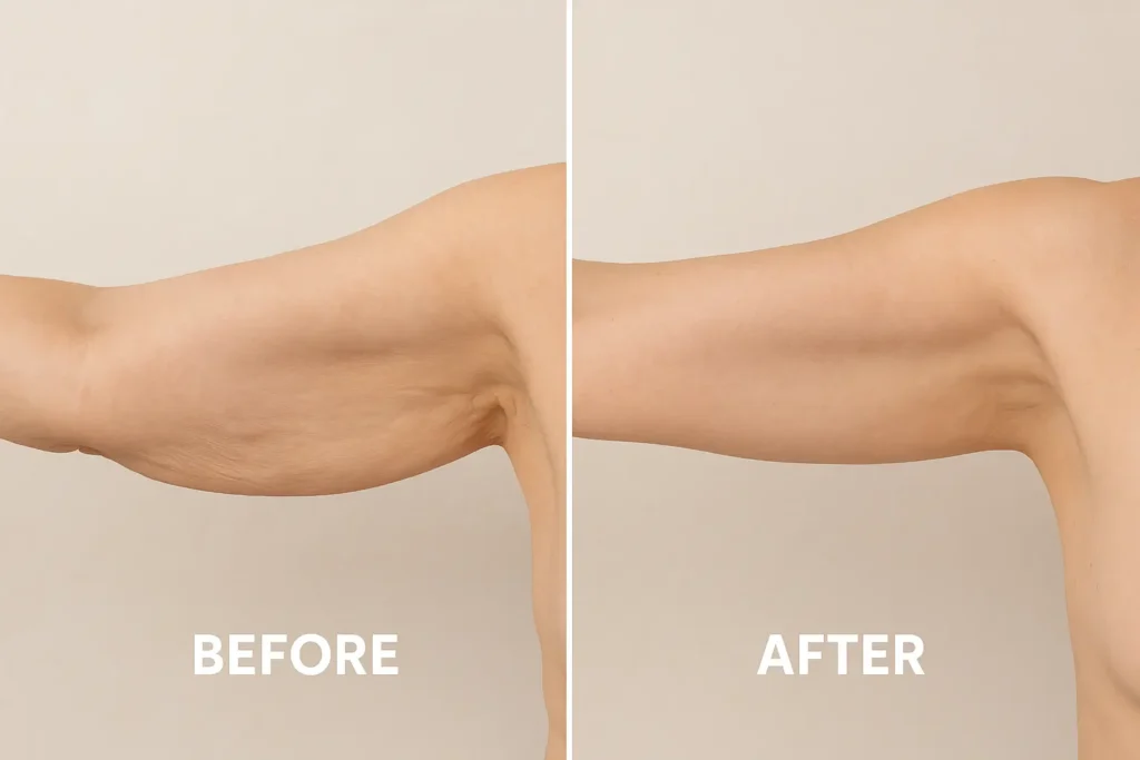 Picture of LA LIPO Thatcham before and after results of skin tightening treatment on the upper arms.