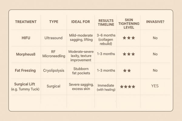 Table showing the comparisons of Skin tightening Thatcham treatment options.